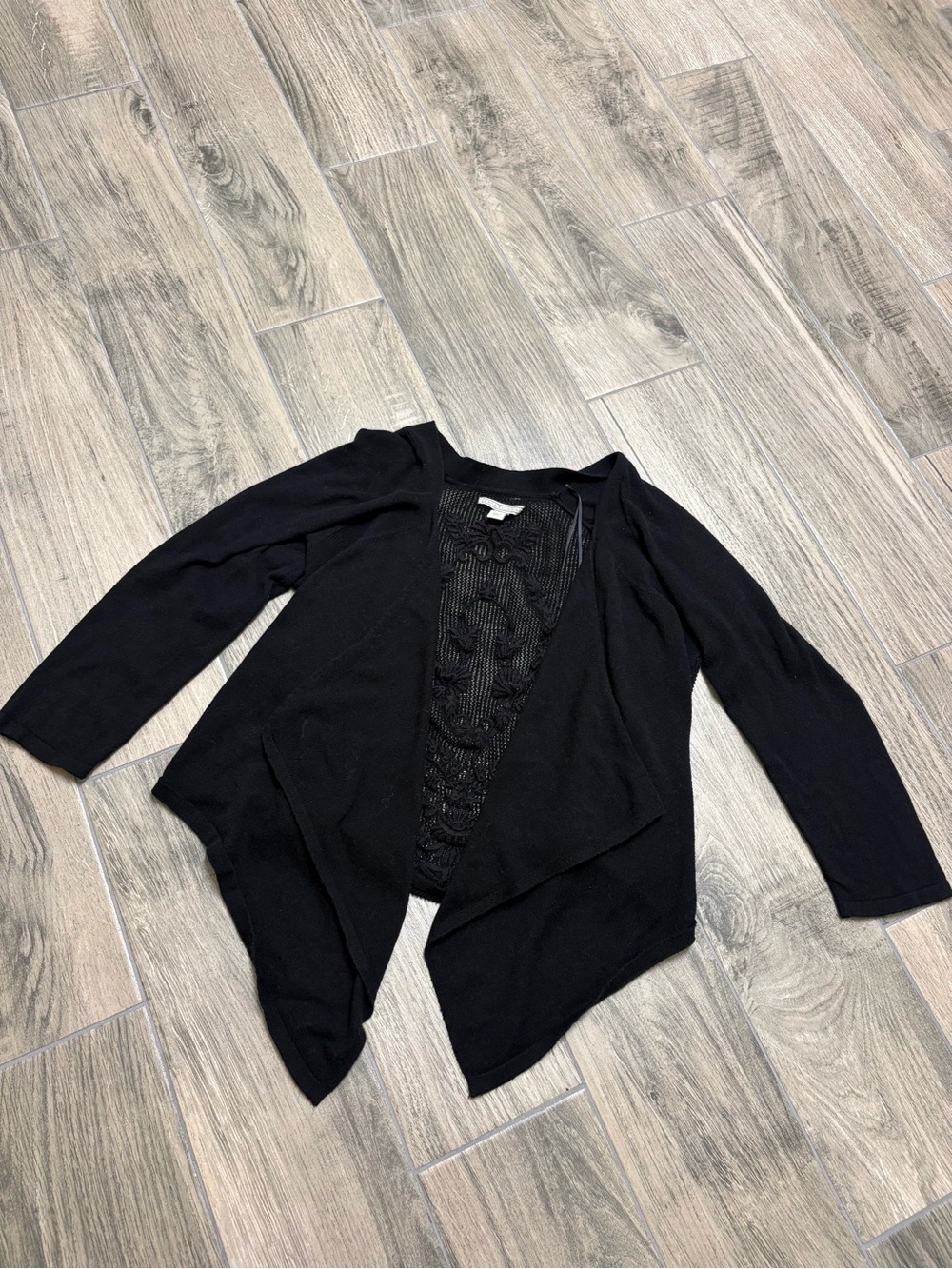 Dana Buchman Black Open Front Draped Cardigan PL Embroidered Lace Back